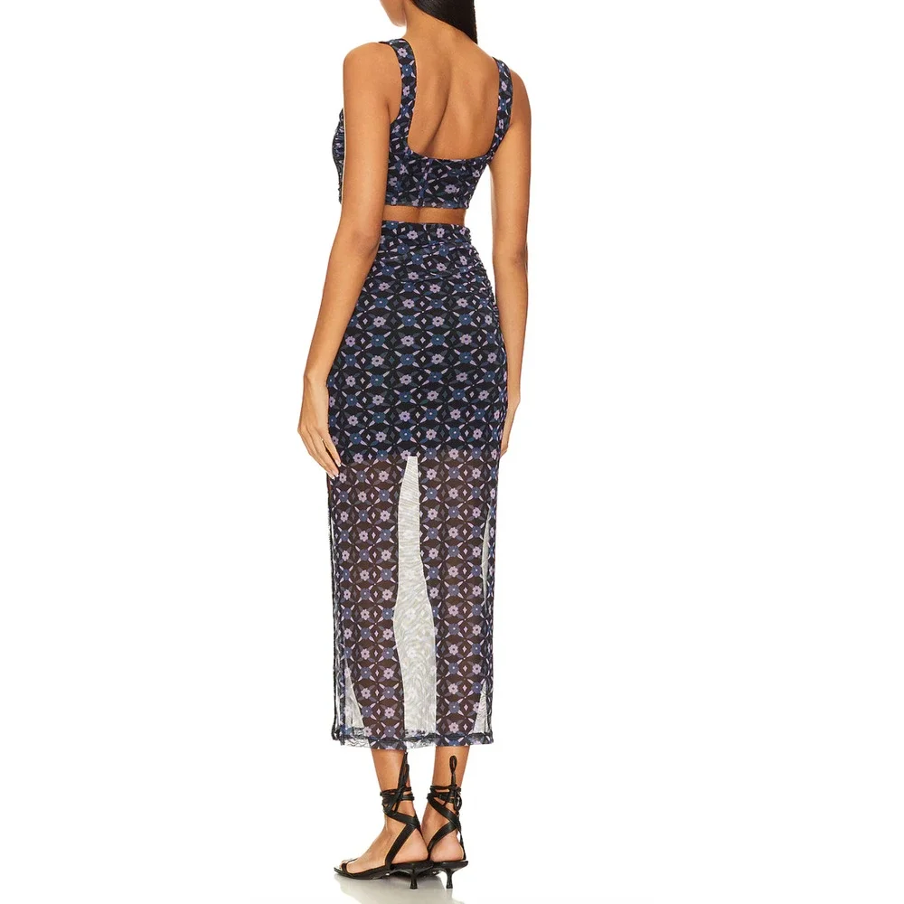 NEW FREE PEOPLE NIGHT SKY GALAXY CORSET FLORAL MESH 2 PIECE TOP SKIRT SET SZ S